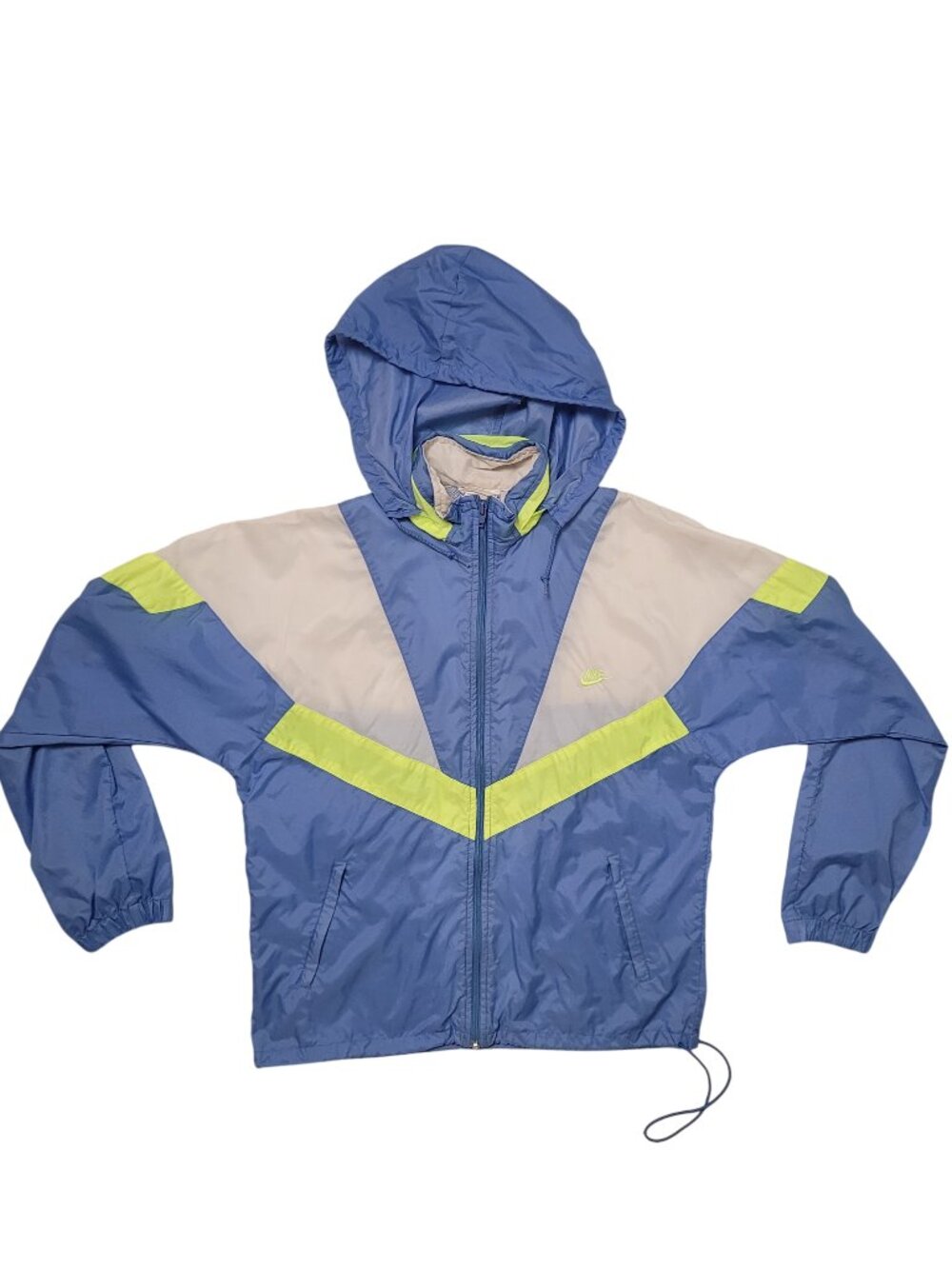 90s NIKE Gray Tag Windbreaker Jacket Hidden Hood Blue Yellow Unisex Women's MED